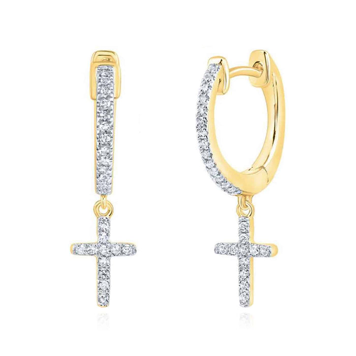 .16CTW Natural Diamond 10K Gold Yellow White Drop Cross Huggie Earrings - WJD Exclusives