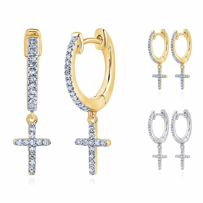 .16CTW Natural Diamond 10K Gold Yellow White Drop Cross Huggie Earrings - WJD Exclusives