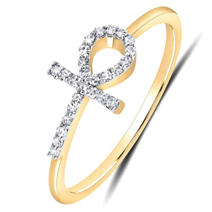 0.10CTW Real Diamond 10K Yellow Gold Sideways Ankh Cross Ring