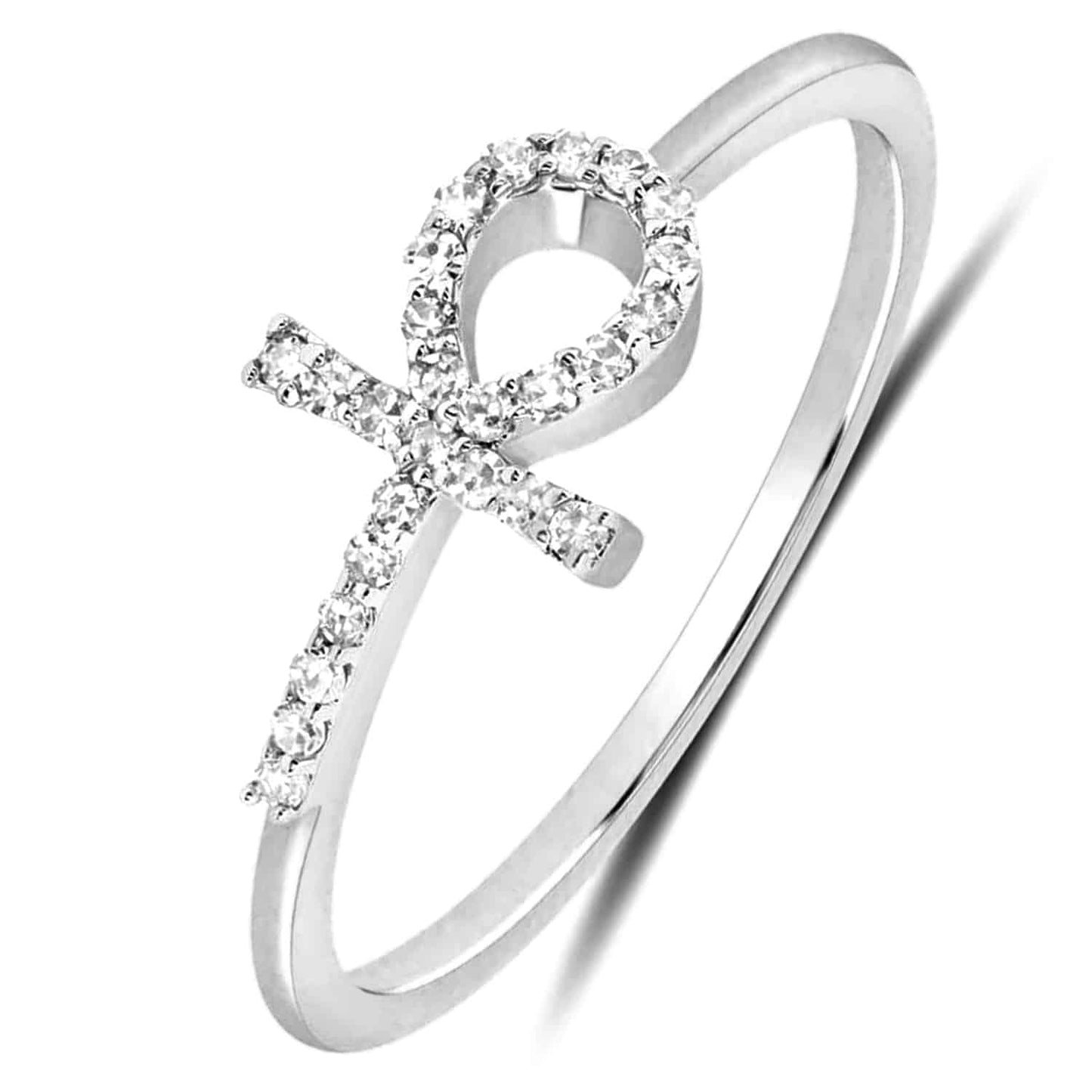 0.10CTW Real Diamond 10K White Gold Sideways Ankh Cross Ring