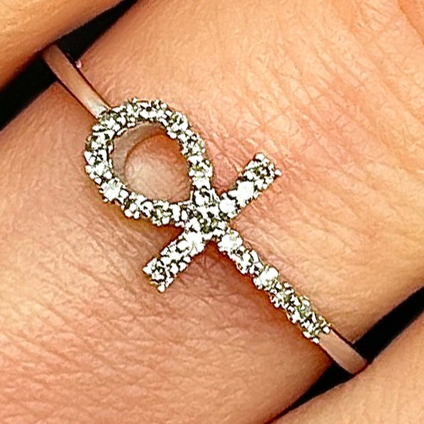 0.10CTW Real Diamond 10K White Gold Sideways Ankh Cross Ring