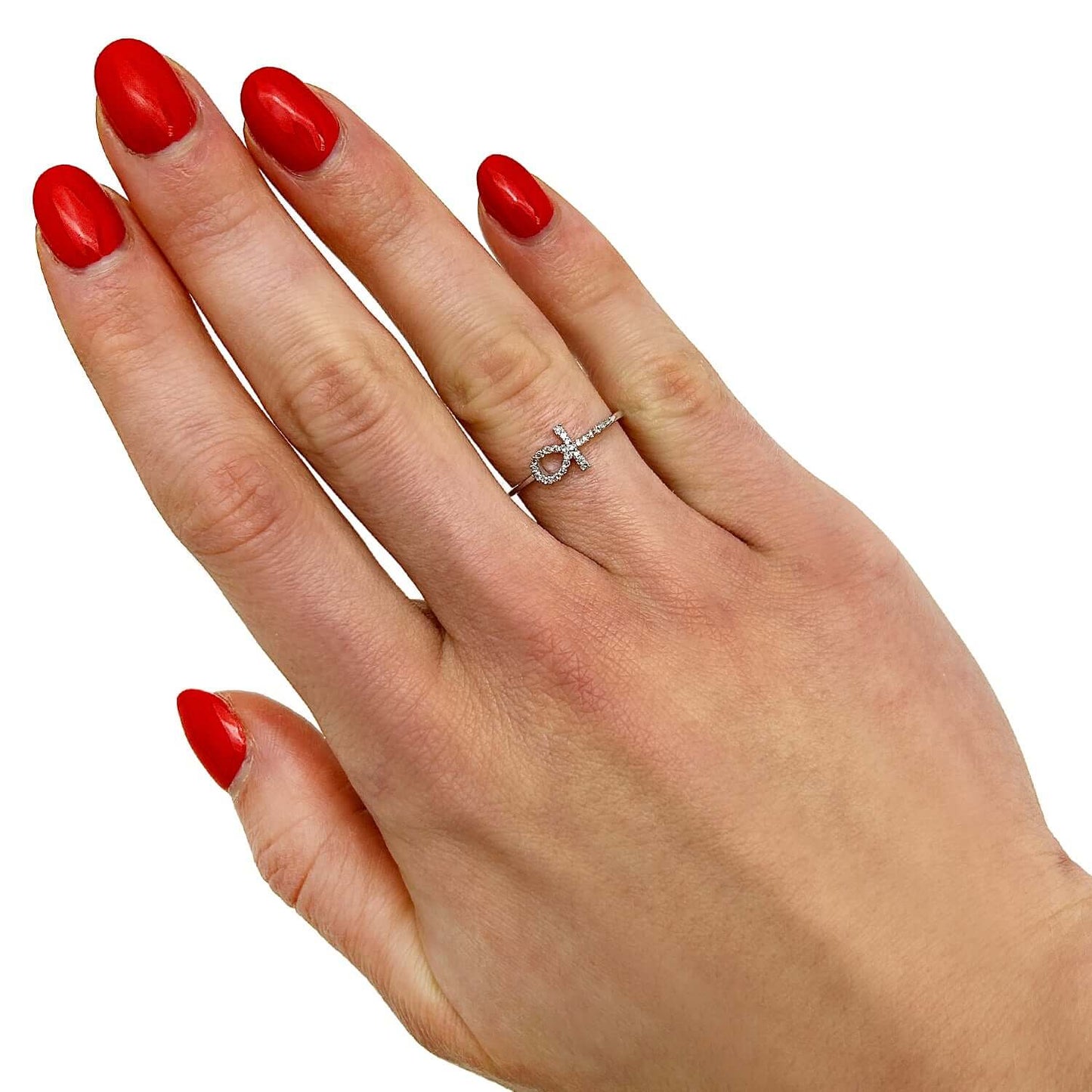 0.10CTW Real Diamond 10K White Gold Sideways Ankh Cross Ring