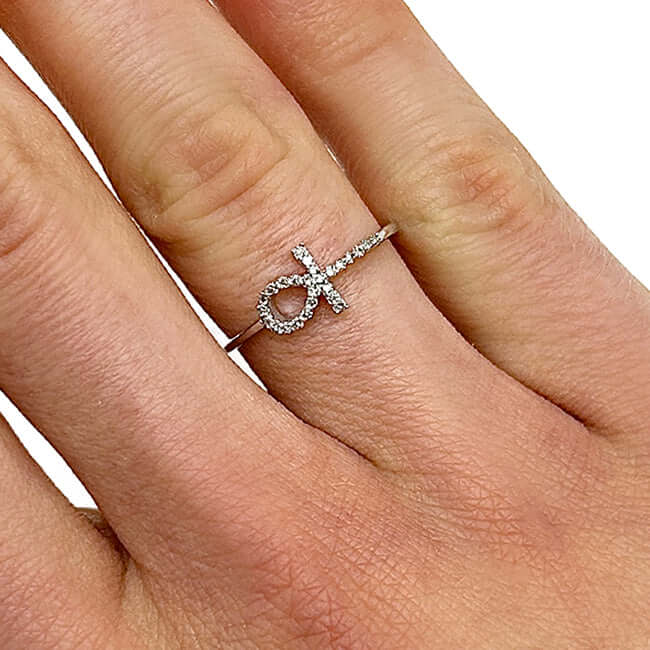 0.10CTW Real Diamond 10K White Gold Sideways Ankh Cross Ring