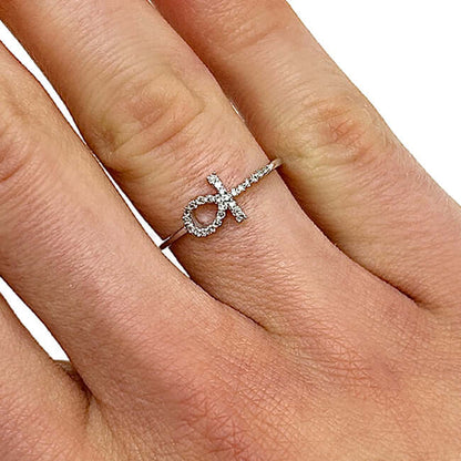 0.10CTW Real Diamond 10K White Gold Sideways Ankh Cross Ring