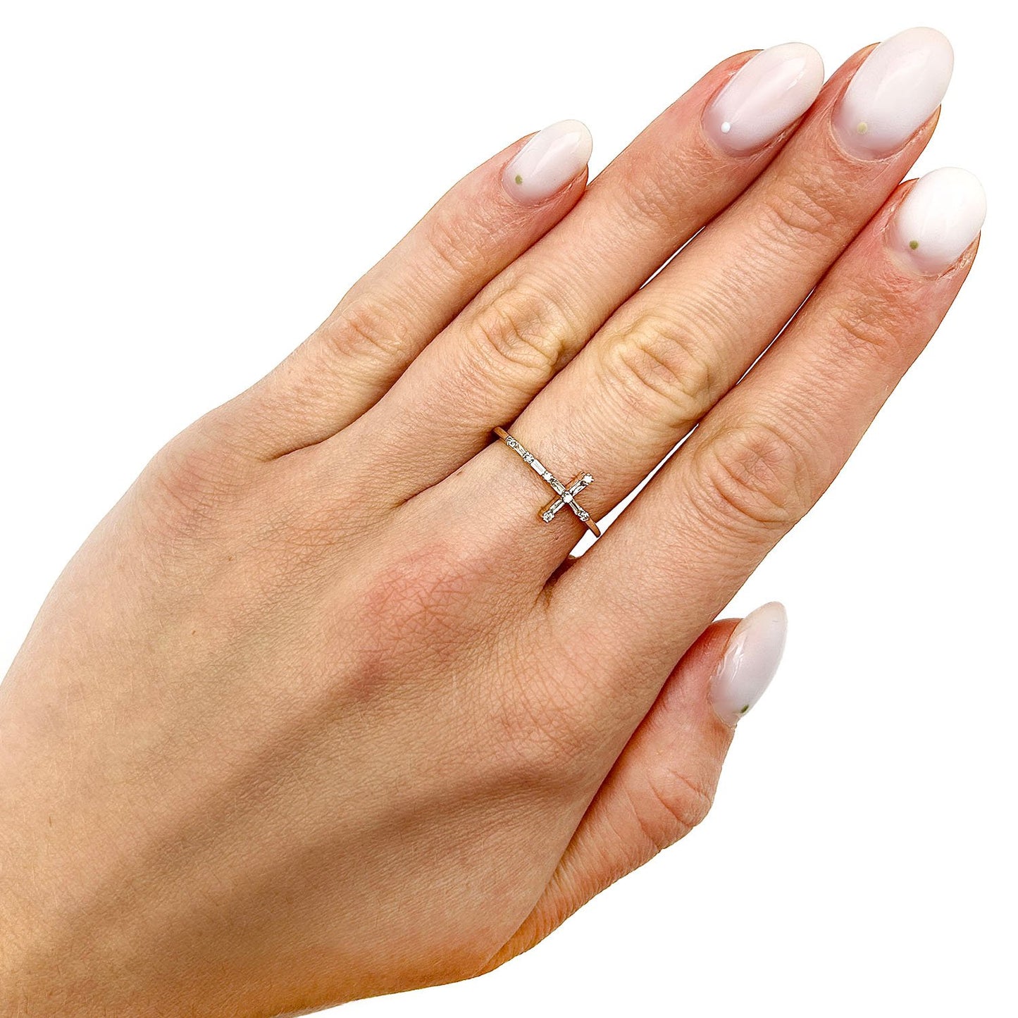 0.12CTW Real Diamond 10K Yellow Gold Round Baguette Sideways Cross Ring