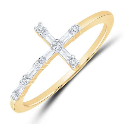 0.12CTW Real Diamond 10K Yellow Gold Round Baguette Sideways Cross Ring