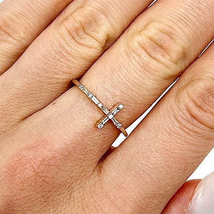 0.12CTW Real Diamond 10K Yellow Gold Round Baguette Sideways Cross Ring