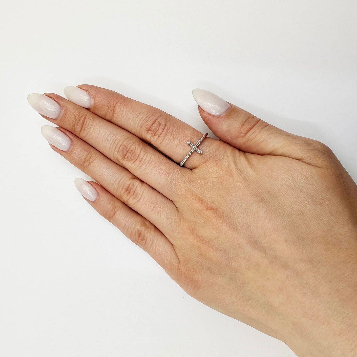 0.12CTW Real Diamond 10K White Gold Round Baguette Sideways Cross Ring