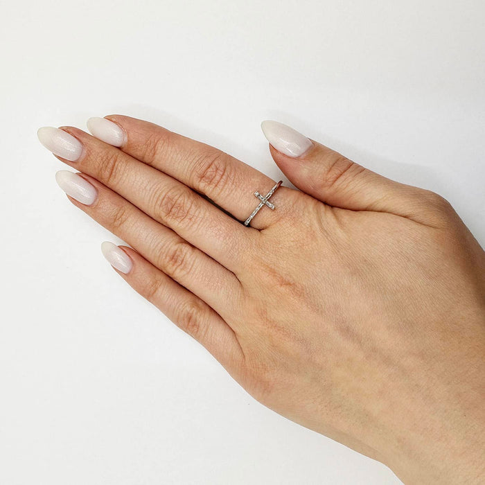 0.12CTW Natural Diamond 10K White Gold Round Baguette Sideways Cross Ring - WJD Exclusives