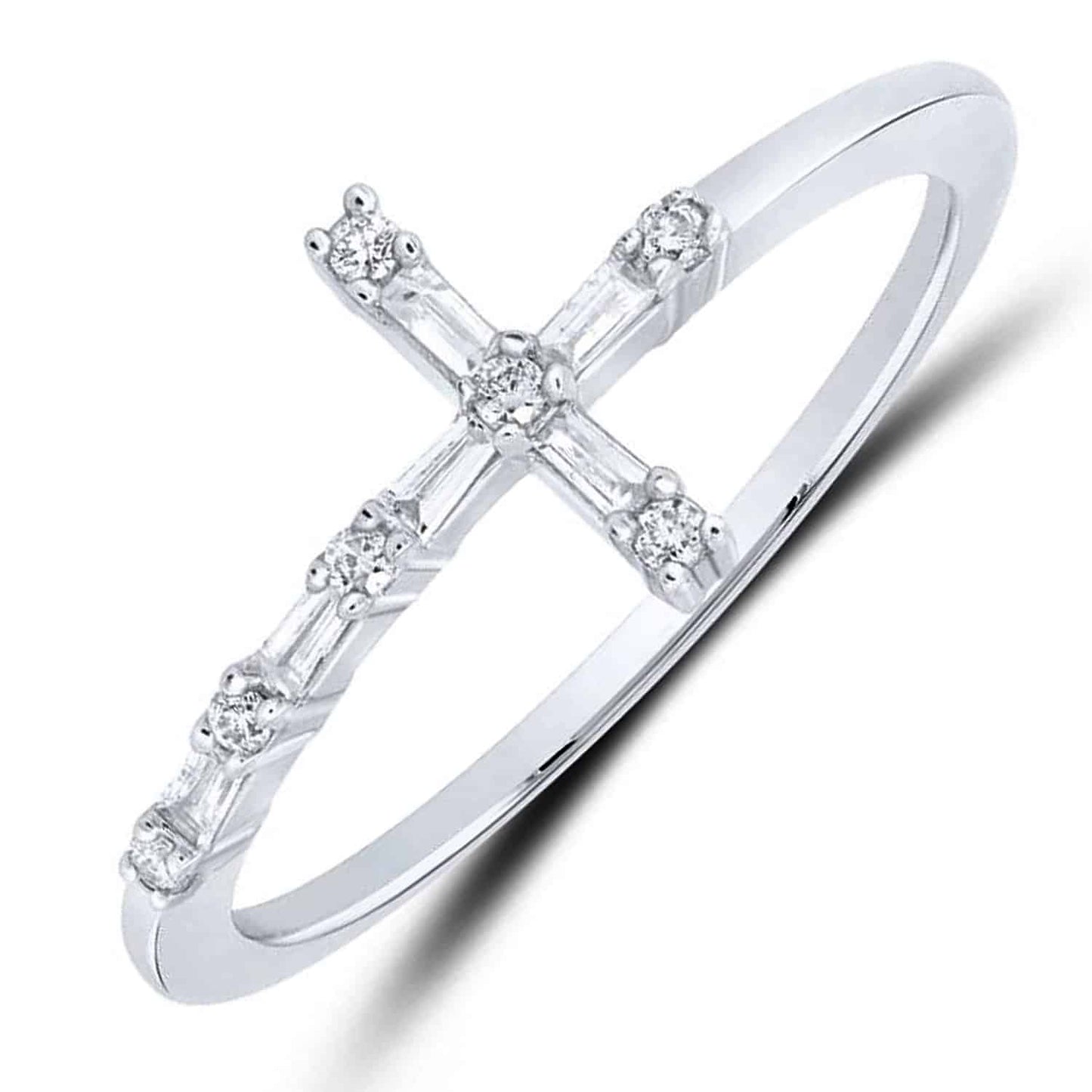 0.12CTW Real Diamond 10K White Gold Round Baguette Sideways Cross Ring