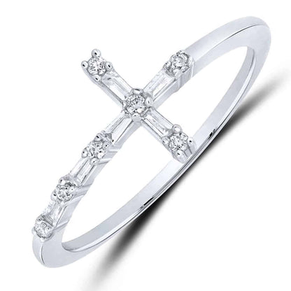 0.12CTW Real Diamond 10K White Gold Round Baguette Sideways Cross Ring