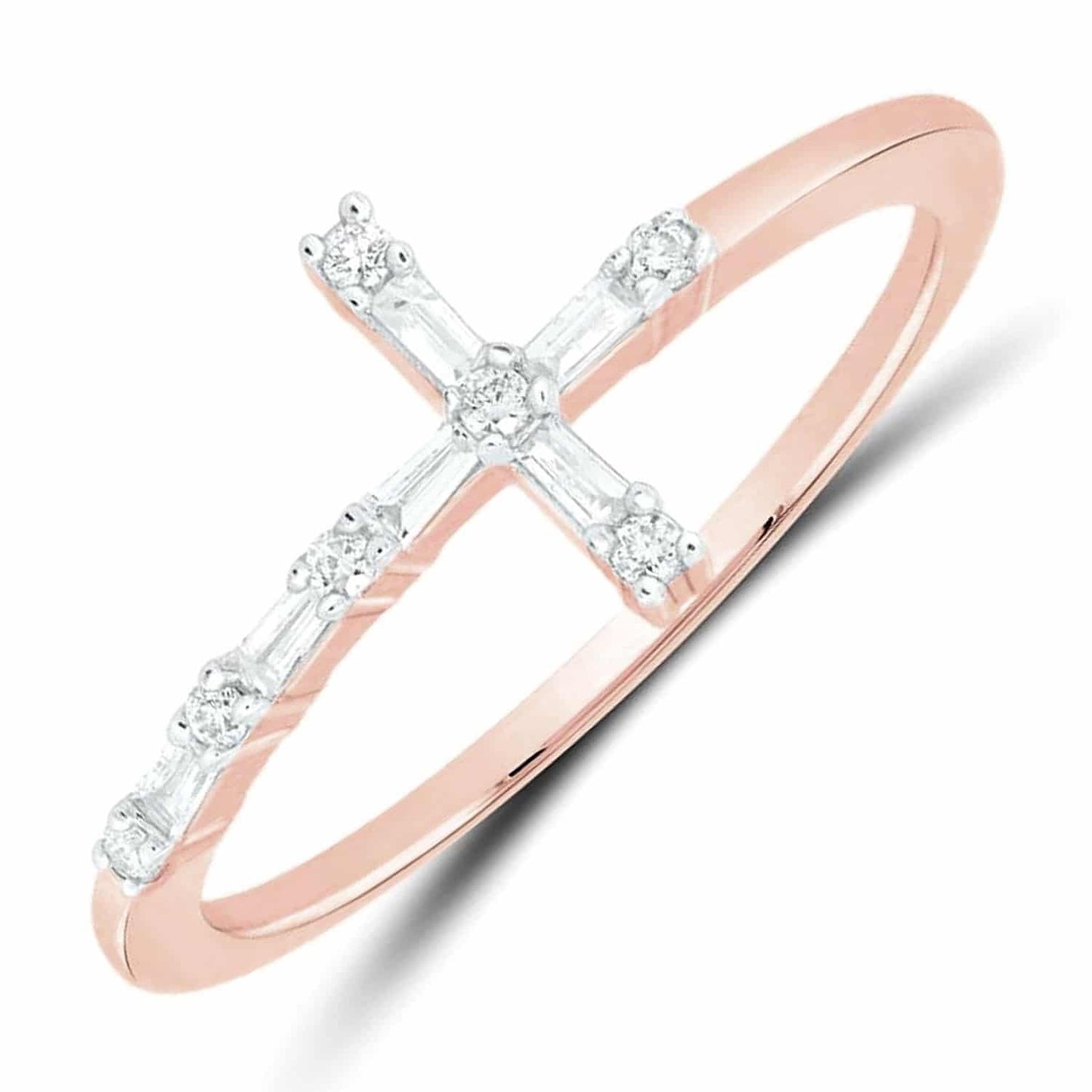 0.12CTW Real Diamond 10K Rose Gold Round Baguette Sideways Cross Ring