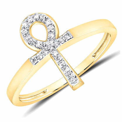 0.10CTW Real Diamond 10K Yellow Gold Ankh Cross Ring