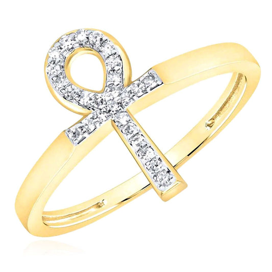 0.10CTW Real Diamond 10K Yellow Gold Ankh Cross Ring