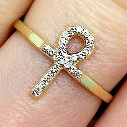 0.10CTW Natural Diamond 10K Yellow Gold Ankh Cross Ring