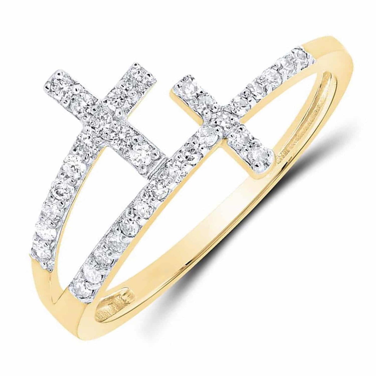 Real Diamond 10K Yellow Gold Sideways Double Cross Ring