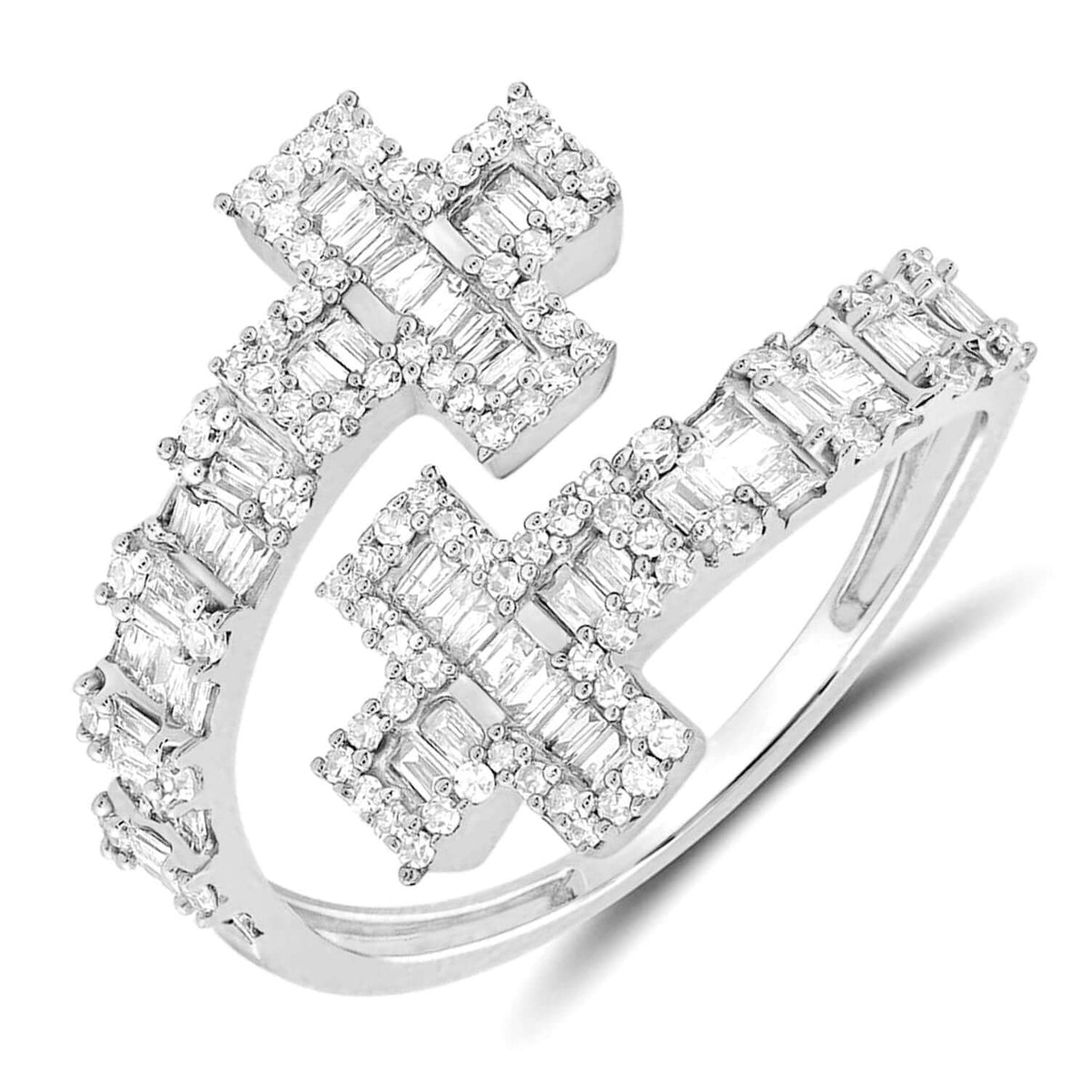 0.71CTW Natural Diamond 10K White Gold Round Baguette Bypass Cuff Ring - WJD Exclusives