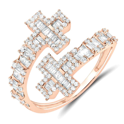 0.71CTW Real Diamond 10K Rose Gold Round Baguette Bypass Cuff Ring