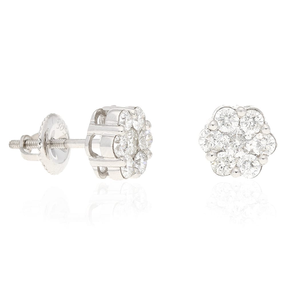 1.10Ct Real Diamond 14k White Gold Cluster Stud Earrings 8mm