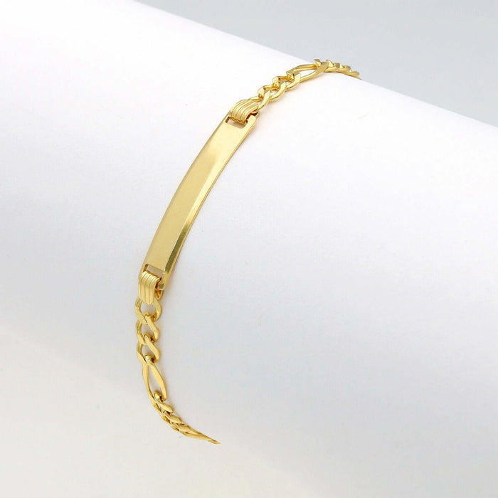 Engravable 10K Yellow Gold 3.5mm Figaro Personalized ID Bar Bracelet (Hollow) 6" - WJD Exclusives