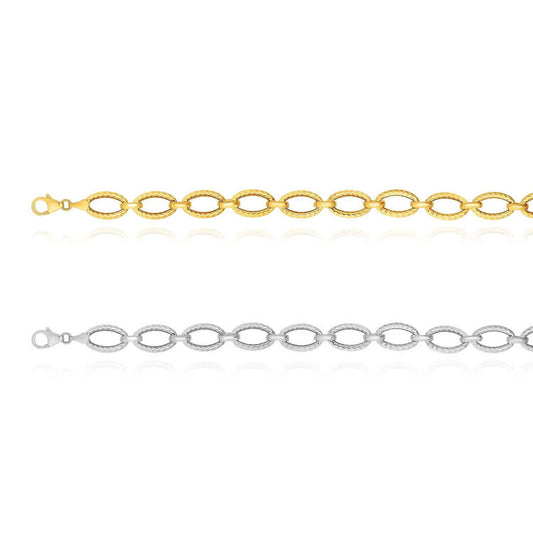 14K Gold Yellow White 8.6mm Twisted Oval Link Bracelet 7.25"