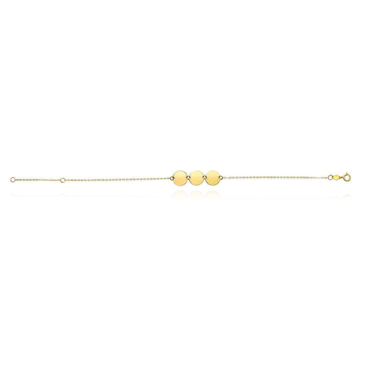14K Real Gold Triple Circle Discs Bracelet 6.5"-7" Adjustable