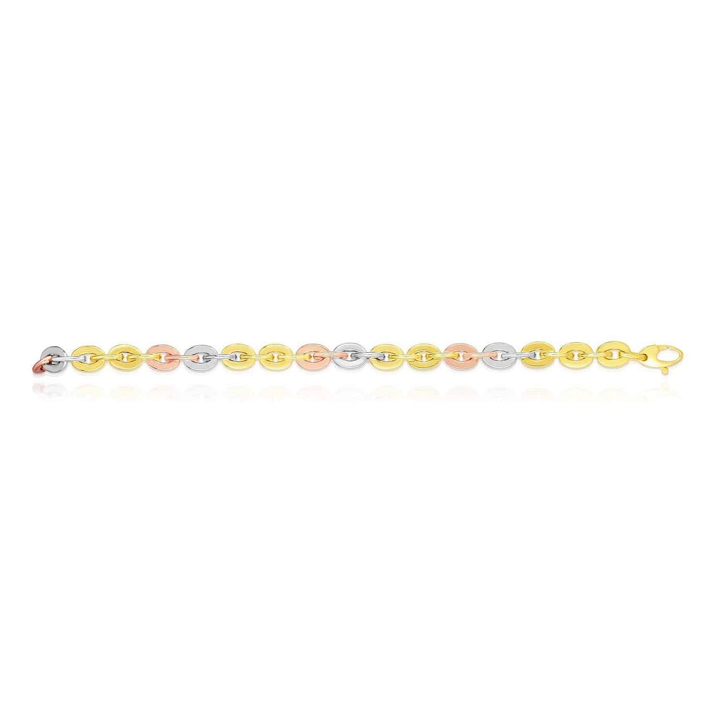 14K Gold Tri-Color Yellow Rose White 6.8mm Oval Link Bracelet 7.5"