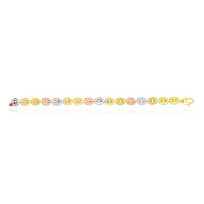 14K Gold Tri-Color Yellow Rose White 6.8mm Oval Link Bracelet 7.5"