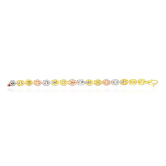 14K Gold Tri-Color Yellow Rose White 6.8mm Oval Link Bracelet 7.5"