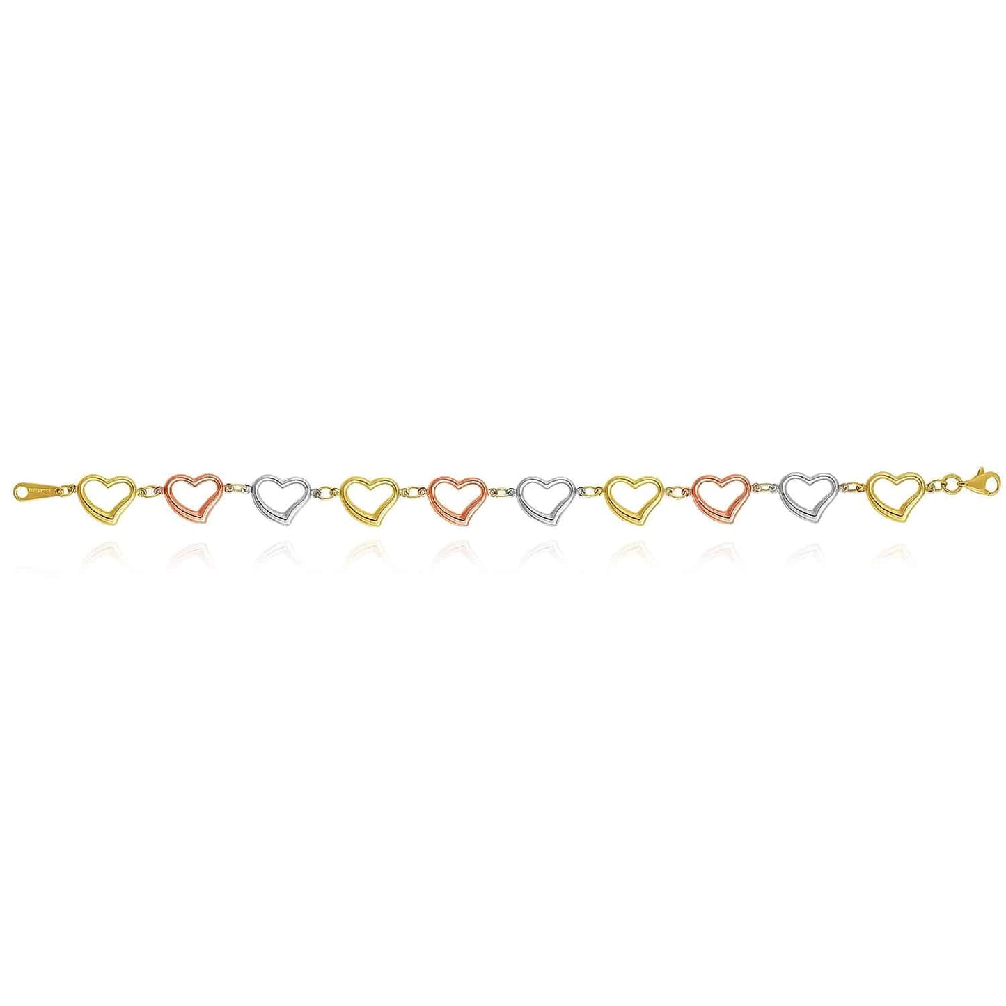 14K Gold Tri-Color Yellow White Rose 9.7mm Open Heart Bracelet 7.5"