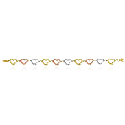 14K Gold Tri-Color Yellow White Rose 9.7mm Open Heart Bracelet 7.5"