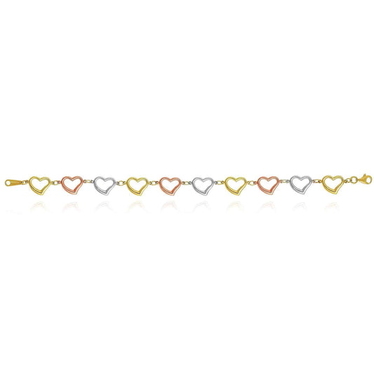 14K Gold Tri-Color Yellow White Rose 9.7mm Open Heart Bracelet 7.5"