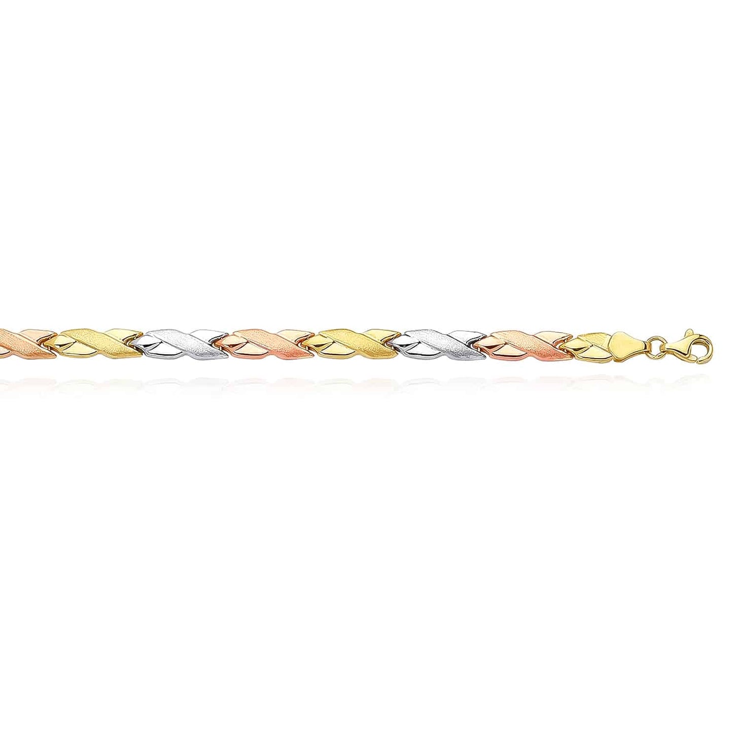 14K Gold Tri-Color Yellow White Rose Satin Finish X Stampato Bracelet 7.25"
