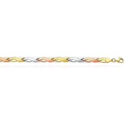 14K Gold Tri-Color Yellow White Rose Satin Finish X Stampato Bracelet 7.25"