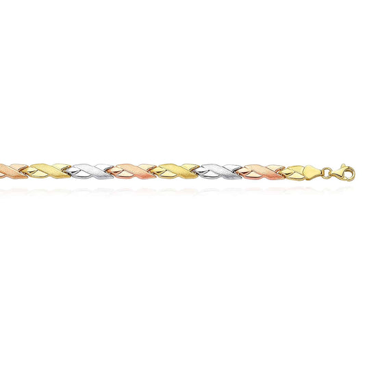 14K Gold Tri-Color Yellow White Rose Satin Finish X Stampato Bracelet 7.25"