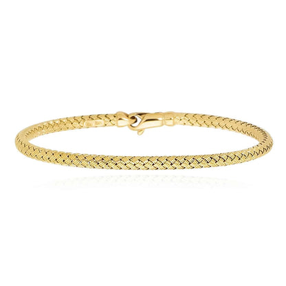 14K Yellow Gold White Rose 3.4mm Woven Bangle Bracelet 7.25"