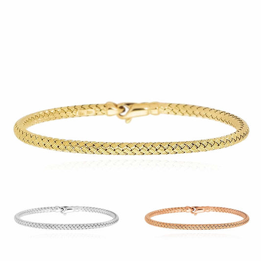 14K Gold Yellow White Rose 3.4mm Woven Bangle Bracelet 7.25"