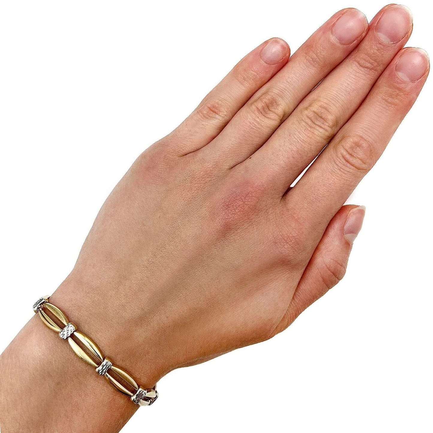 14K Gold Two-Tone Yellow White Diamond-Cut Station Stampato Bracelet 7.25"