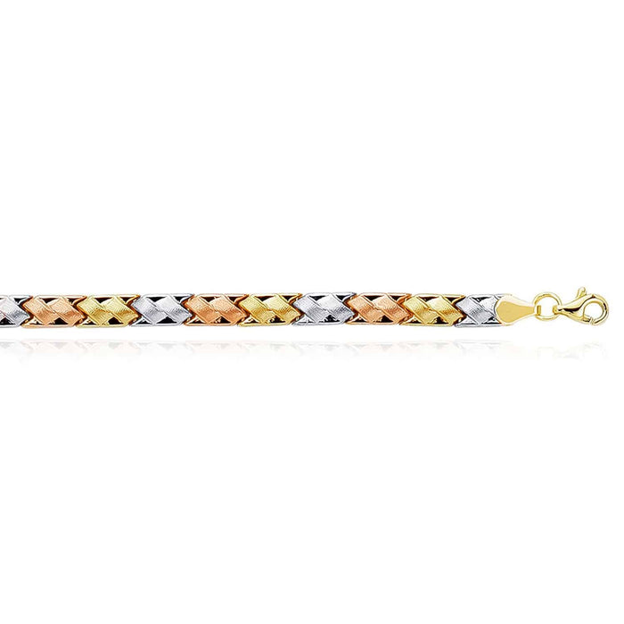 14K Tri - Color Yellow White Rose Gold 5mm Satin Woven Stampato Bracelet (Hollow) 7.25" - WJD Exclusives