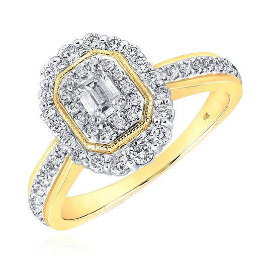 0.58CTW Real Diamond Emerald 14K Gold Yellow Halo Bridal Engagement Ring