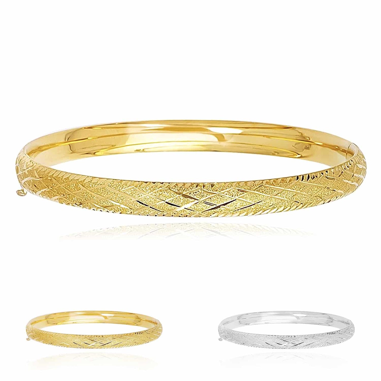 14K Gold Yellow 6mm Diamond-Cut X Pattern Bangle Bracelet 7"