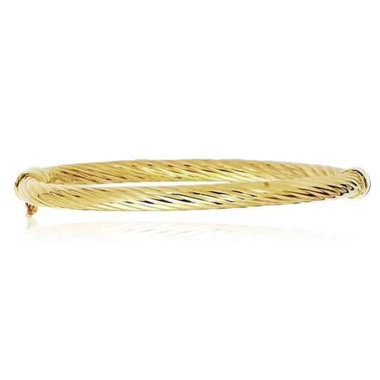 14K Gold Yellow 3mm Diamond-Cut Twisted Pattern Bangle Bracelet 7"