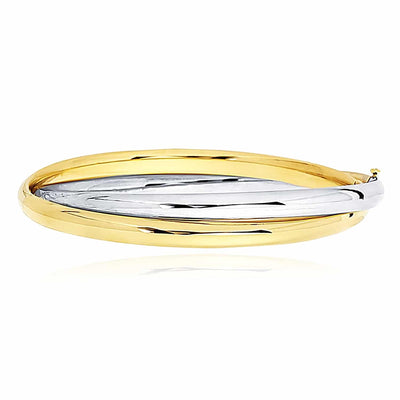 14K Gold Two - Tone Yellow White 10mm Interlocked Bangle Bracelet (Hollow) 7" - WJD Exclusives
