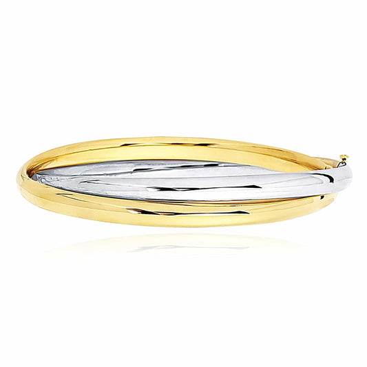 14K Gold Two-Tone Yellow White 10mm Interlocked Bangle Bracelet 7"