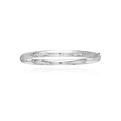 14K Yellow Gold White 5mm Diamond-Cut Floral Pattern Bangle Bracelet 5.5"-8"