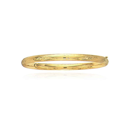 14K Yellow Gold White 5mm Diamond-Cut Floral Pattern Bangle Bracelet 5.5"-8"
