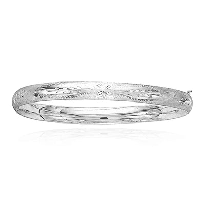 14K Yellow Gold White 6mm Diamond - Cut Floral Pattern Bangle Bracelet (Hollow) 7" - 8" - WJD Exclusives