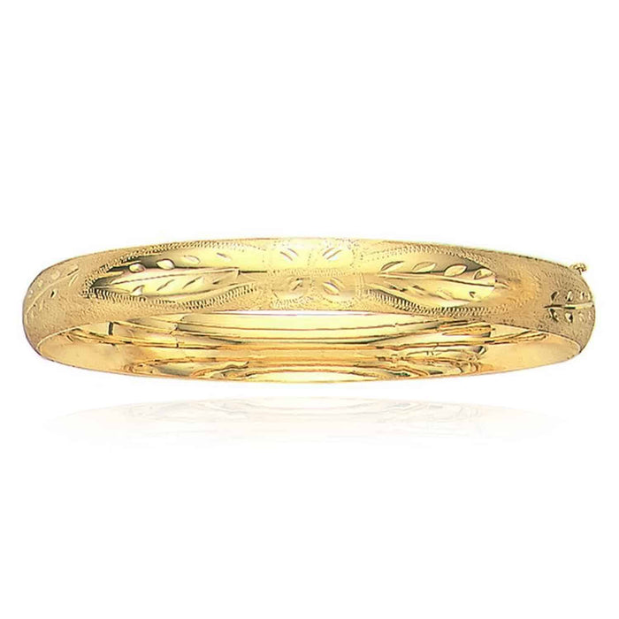14K Yellow Gold White 8mm Diamond - Cut Floral Pattern Bangle Bracelet (Hollow) 7" - 8" - WJD Exclusives