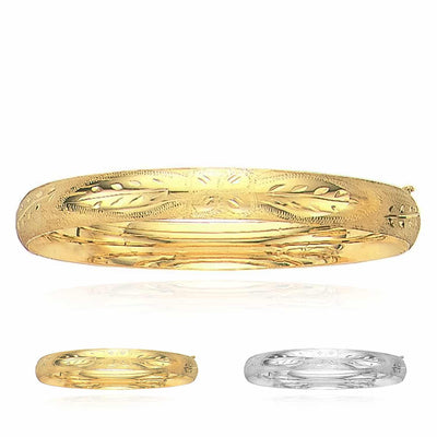14K Yellow Gold White 8mm Diamond - Cut Floral Pattern Bangle Bracelet (Hollow) 7" - 8" - WJD Exclusives