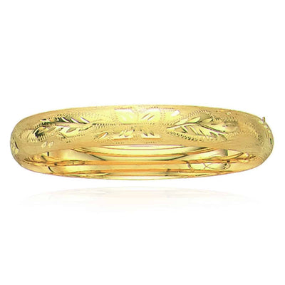 14K Yellow Gold 10mm Diamond - Cut Floral Pattern Bangle Bracelet (Hollow) 7" - 8" - WJD Exclusives